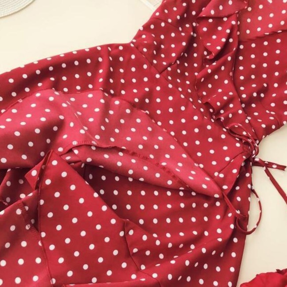 Polka Dot Ruffle Trim Wrap Burgundy Mini Dress - Picture 14 of 16